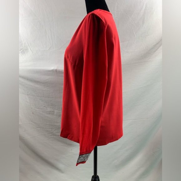 Red Contrast Sequin Mesh Sleeve Blouse - Picture 7 of 8